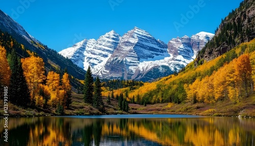 Majestic snow capped mountains reflect in autumn lake