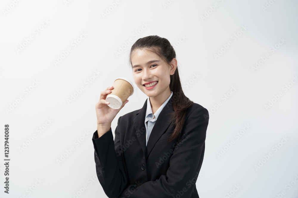 Portrait of Asian businesswoman standing holding coffee cup in white studio background Portrait of Asian businesswoman standing holding coffee cup in white studio background