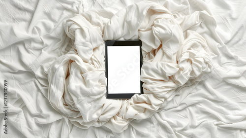 A tablet with a blank screen on rumpled white fabric, creating a clean, minimalist, and modern scene. photo