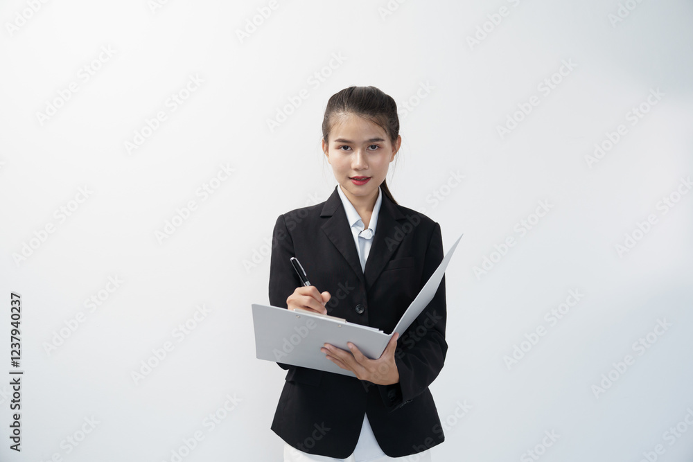 Portrait of Asian businesswoman standing holding pen and writing documents in white studio background Portrait of Asian businesswoman standing holding pen and writing documents in white studio background