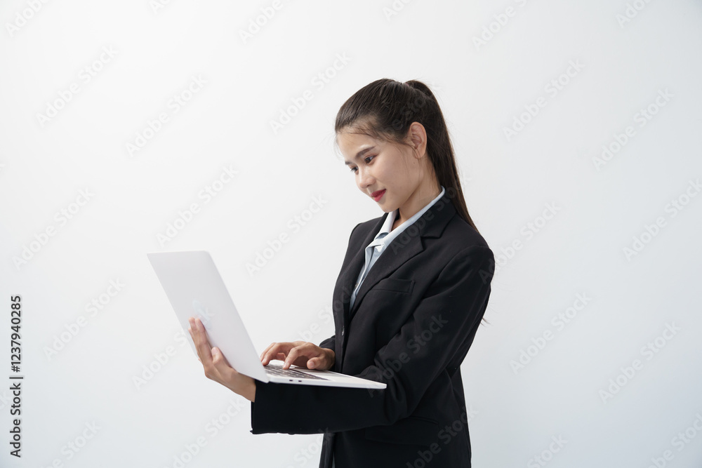 Portrait of Asian businesswoman standing holding and using laptop in white studio background Portrait of Asian businesswoman standing holding and using laptop in white studio background