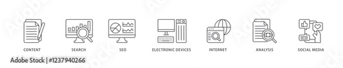Digital marketing icon set flow process which consists of content, search, seo, electronic devices, internet, analysis and social media icon live stroke and easy to edit .
