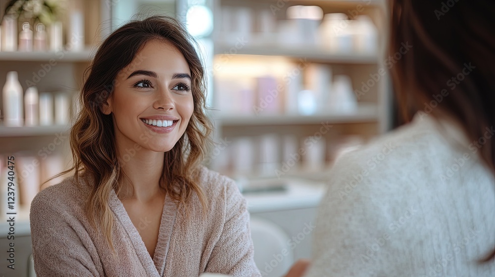 Beauty consultant discussing skincare products with a client in a stylish spa environment, personal and engaging Beauty consultant discussing skincare products with a client in a stylish spa environment, personal and engaging