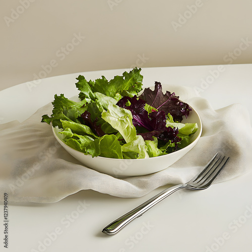 Bowl of fresh green and red leaf lettuce salad with a fork on a white table and cloth. photo