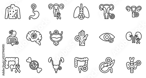 Cancer types icon. Breast Cancer, Lung Cancer, Prostate Cancer, Colorectal Cancer, Ovarian Cancer, Pancreatic Cancer, Skin Cancer and Leukemia. vector