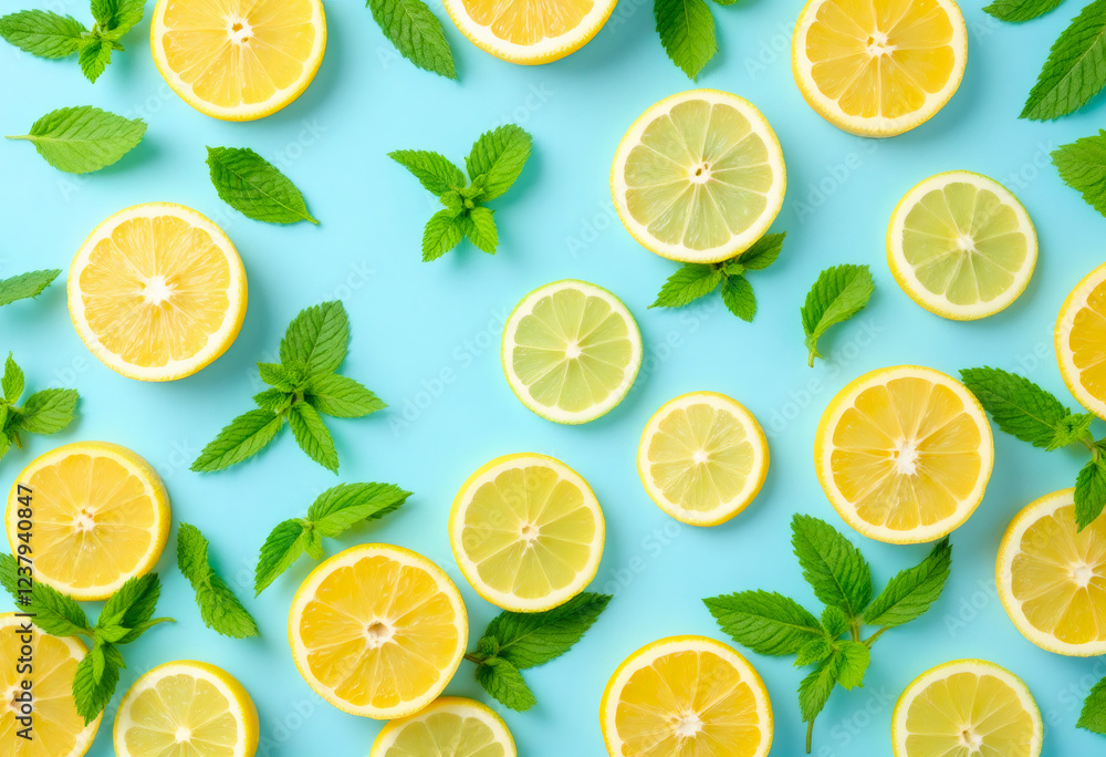 ai image A generous spread of lemon slices and mint leaves are arranged across a light blue backdrop, ideal for culinary or health-related designs. ai image A generous spread of lemon slices and mint leaves are arranged across a light blue backdrop, ideal for culinary or health-related designs.