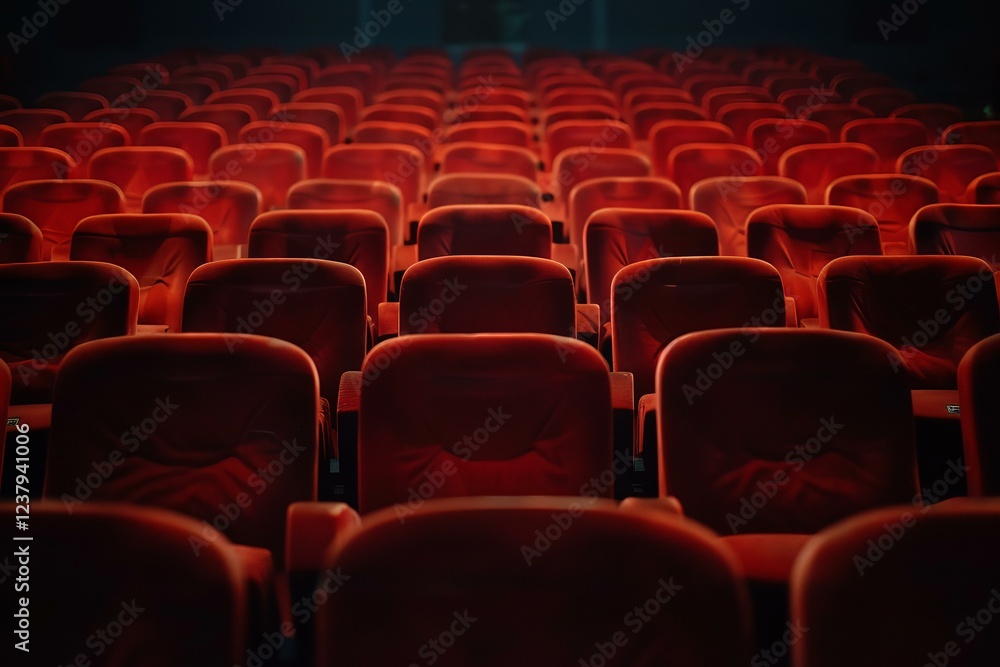 Rows of plush red velvet seats await an audience in a dimly lit auditorium, creating an anticipation for an upcoming event Rows of plush red velvet seats await an audience in a dimly lit auditorium, creating an anticipation for an upcoming event