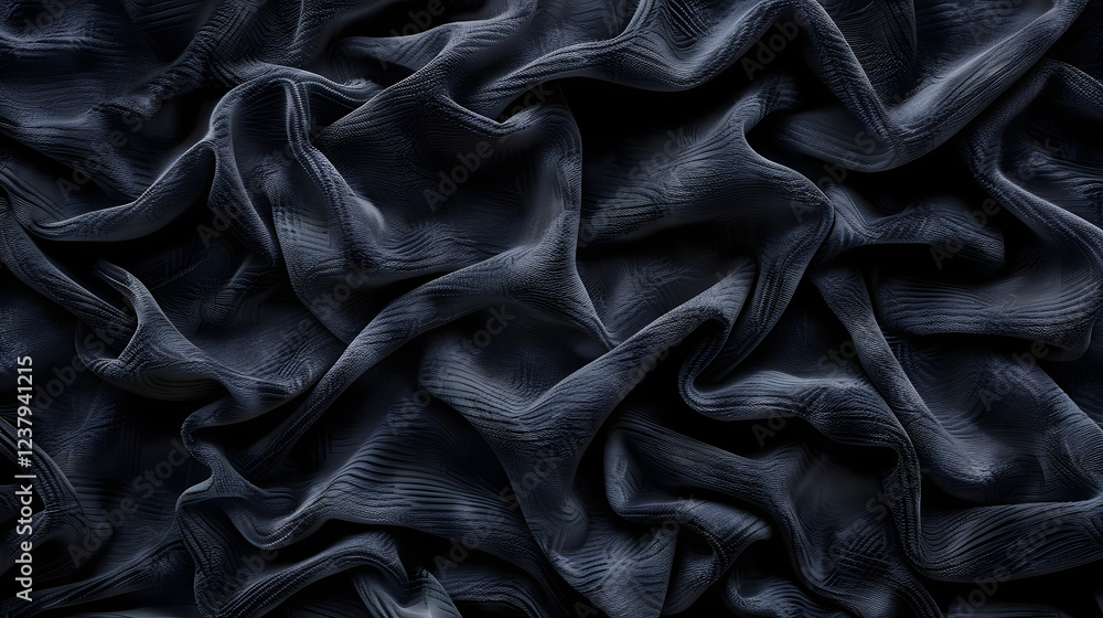 Close-up of draped dark grey fabric. Soft folds and subtle texture create an abstract and elegant textile background. Close-up of draped dark grey fabric. Soft folds and subtle texture create an abstract and elegant textile background.