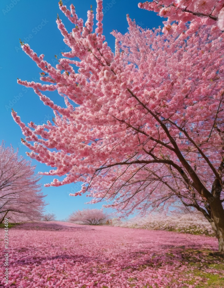 Vibrant cherry blossom trees in full bloom, their pink petals falling gently in the breeze against a bright blue sky, creating a dreamy and refreshing springtime atmosphere. Vibrant cherry blossom trees in full bloom, their pink petals falling gently in the breeze against a bright blue sky, creating a dreamy and refreshing springtime atmosphere.