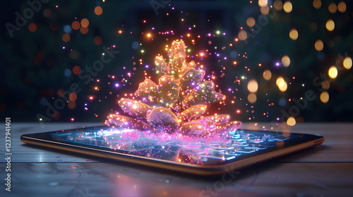 A digital Christmas tree of glowing particles emerges from a tablet screen, set against a bokeh light background. Festive tech art.