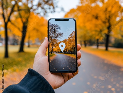 Hand Holding Smartphone with Location Pin in Forest photo