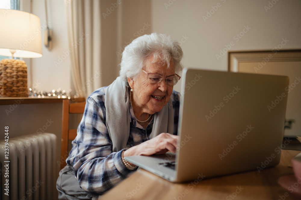 Senior woman working on laptop on her own, feeling confident. Senior woman working on laptop on her own, feeling confident.
