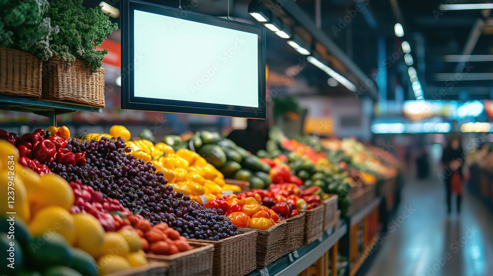 Obraz premium Vibrant grocery store produce aisle with fresh fruits and vegetables on display