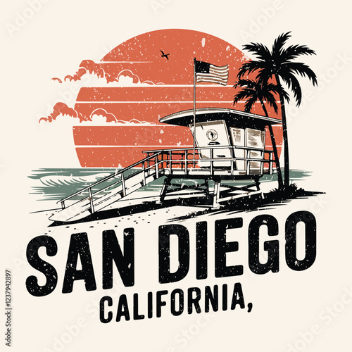 San Diego typography with palms tree illustration for t-shirt print , vector illustration.T shirt graphic. California Ocean side stylish t-shirt and apparel trendy design with palm trees silhouettes,