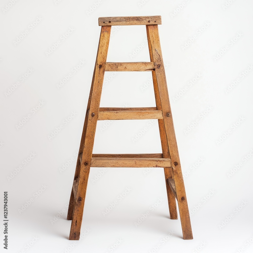 Rustic wooden ladder, studio shot, white background, home decor Rustic wooden ladder, studio shot, white background, home decor