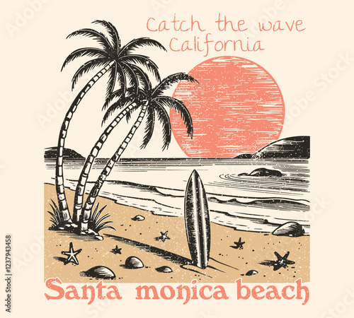 California palm beach vector T-shirt design, Vector illustration on the theme of surf and surfing in Florida, Miami Beach. Vintage design. For t-shirt prints and other uses. California beach text