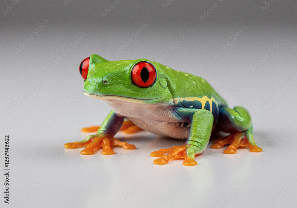 Ai image captures a red-eyed tree frog in vivid detail. The vibrant green skin, bright red eyes, and orange feet create a striking contrast against the plain background, emphasizing its unique feature Ai image captures a red-eyed tree frog in vivid detail. The vibrant green skin, bright red eyes, and orange feet create a striking contrast against the plain background, emphasizing its unique feature