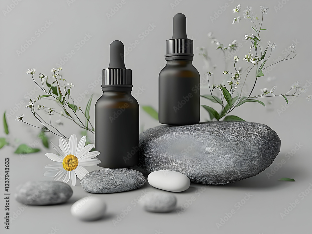Dark glass bottles on stones with flowers. Spa product mockup Dark glass bottles on stones with flowers. Spa product mockup