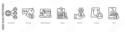 Prospecting Negotiation Icon Sheet Networking, Price Tag, Digital Marketing, Report, Revenue, Customer, Profit