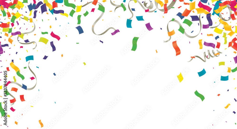 Colorful confetti and serpentine ribbons falling from above. Streamers, tinsel vector seamless frame border background in simple flat cartoon Colorful confetti and serpentine ribbons falling from above. Streamers, tinsel vector seamless frame border background in simple flat cartoon