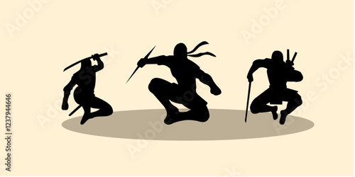 Graphic set silhouette of ninja illustration. Icon of assasin shadow character. Vector design.