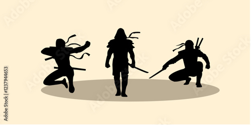 Graphic set silhouette of ninja illustration. Icon of assasin shadow character. Vector design.