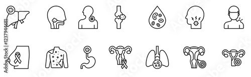Cancer types icon. Breast Cancer, Lung Cancer, Prostate Cancer, Colorectal Cancer, Ovarian Cancer, Pancreatic Cancer, Skin Cancer and Leukemia. vector