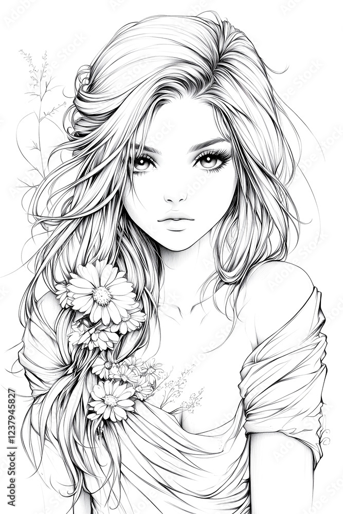 A woman with long blonde hair and a flower in her hair. She is wearing a white shirt and has a flower in her hair A woman with long blonde hair and a flower in her hair. She is wearing a white shirt and has a flower in her hair