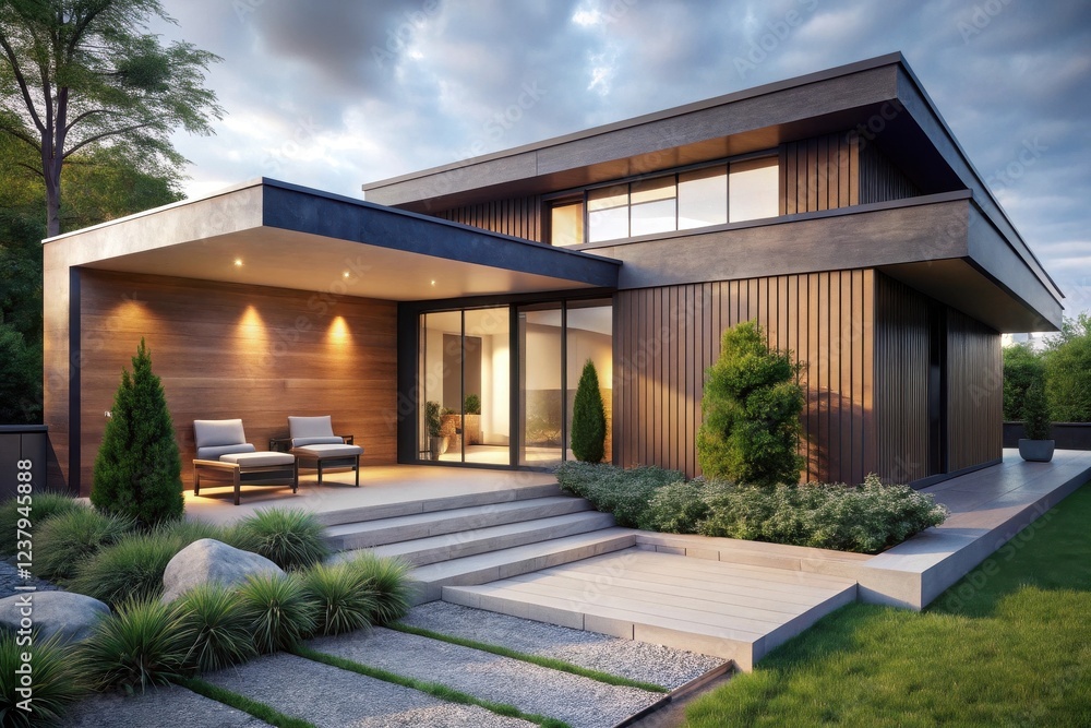 Modern Architectural Design of a Luxurious Home with Extensive Landscaping and Outdoor Patio Seating Modern Architectural Design of a Luxurious Home with Extensive Landscaping and Outdoor Patio Seating