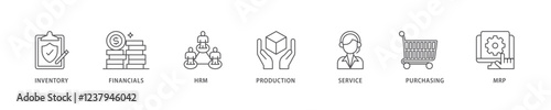 ERP icon set flow process which consists of inventory, financials, hrm, production, service, purchasing, and mrp icon live stroke and easy to edit .