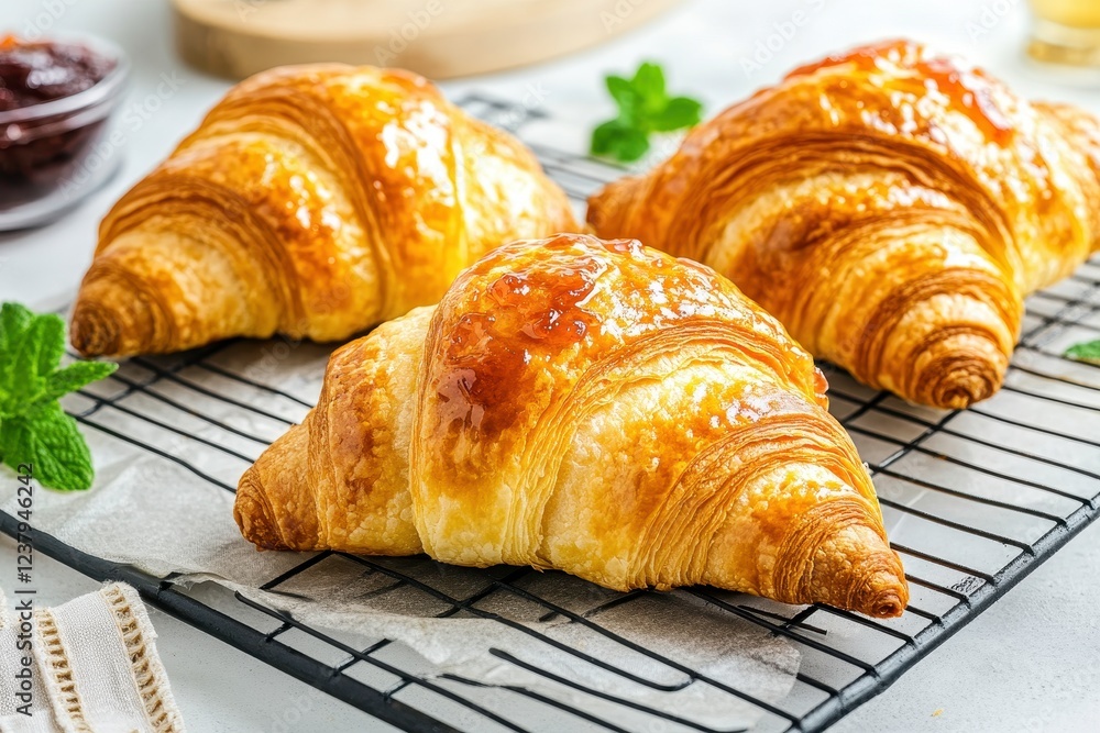 Freshly Baked Golden Croissants on a Cooling Rack with Mint Leaves Freshly Baked Golden Croissants on a Cooling Rack with Mint Leaves