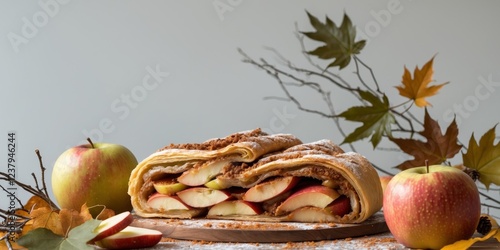 Classic apple strudel with warm spices and fresh apples on an inviting autumn display photo