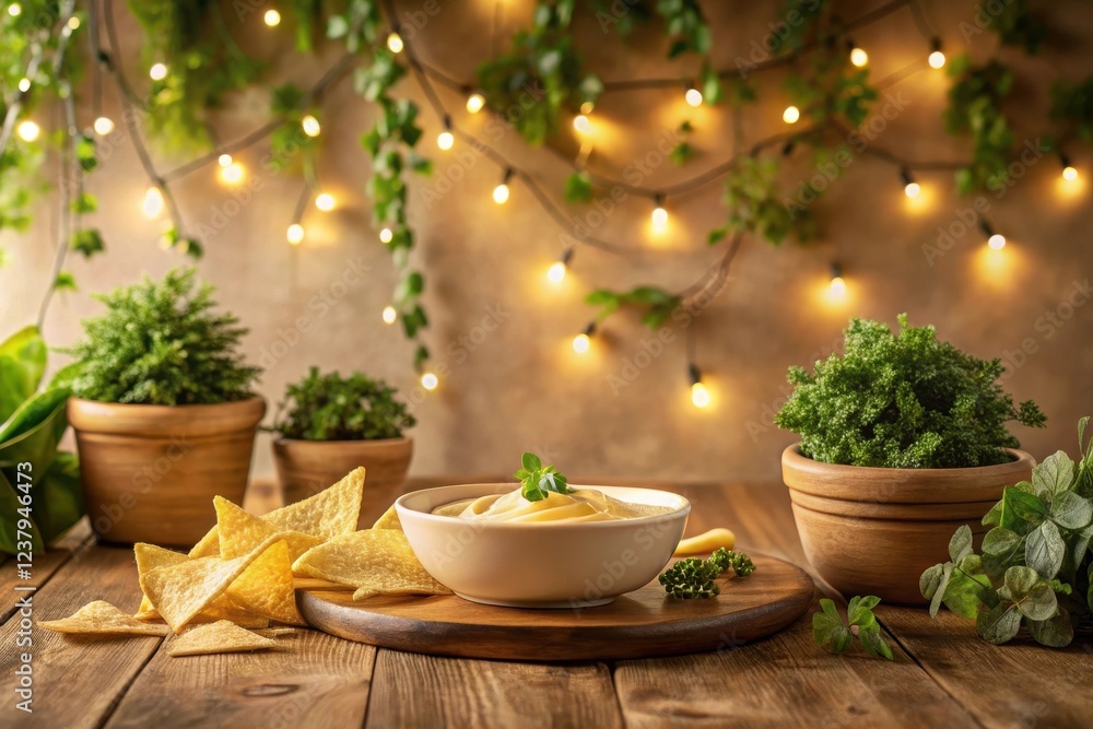 Aromatic Creamy Dip with Crispy Tortilla Chips, Festive String Lights, and Lush Greenery on Rustic Wooden Table Aromatic Creamy Dip with Crispy Tortilla Chips, Festive String Lights, and Lush Greenery on Rustic Wooden Table