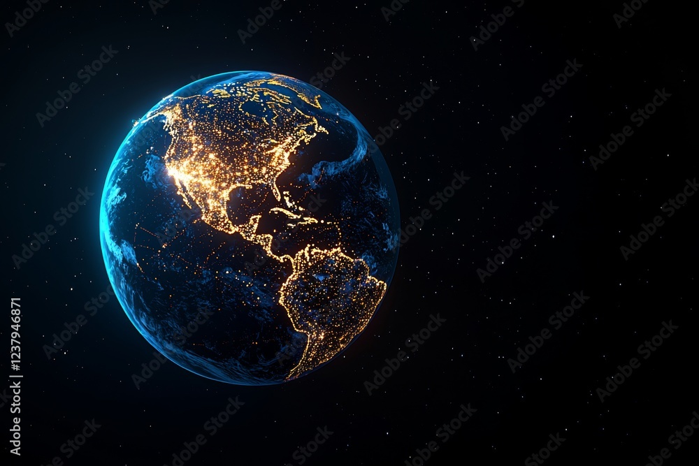 Obraz premium From a celestial viewpoint, an image of a cyberspace globe with an intricate artistic network design, illuminated by sunlight, serves as the background