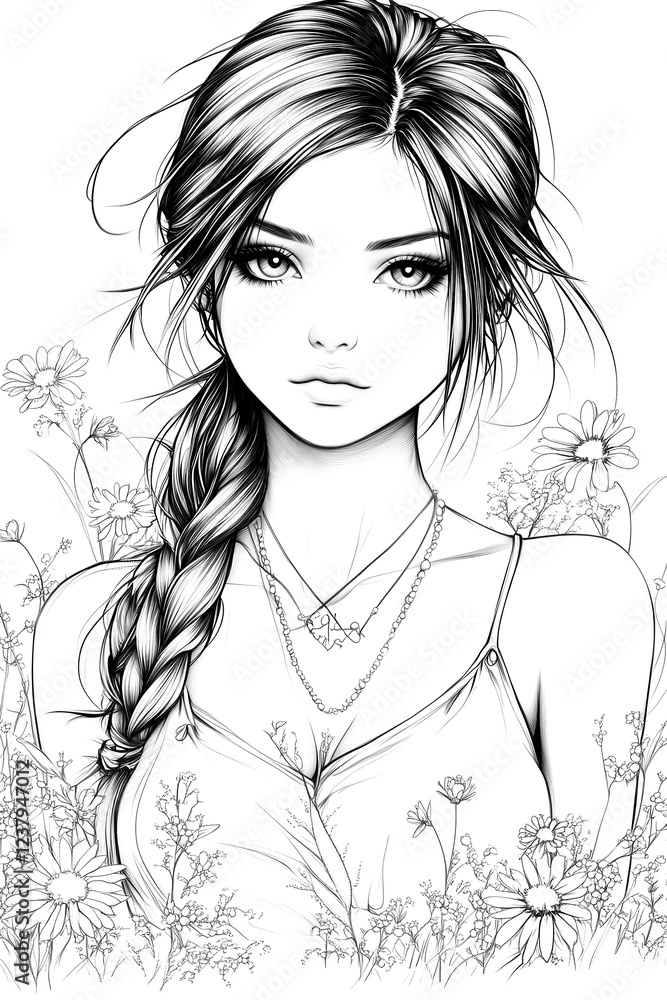 Fototapeta premium A woman with long hair and a necklace is sitting in a field of flowers. The flowers are in various colors and sizes, and they are scattered throughout the scene. The woman's hair is braided