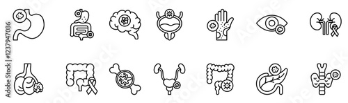 Cancer types icon. Breast Cancer, Lung Cancer, Prostate Cancer, Colorectal Cancer, Ovarian Cancer, Pancreatic Cancer, Skin Cancer and Leukemia. vector