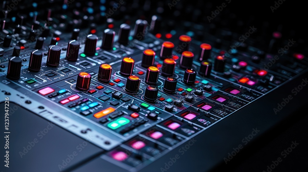 Close-Up View of Illuminated Audio Mixing Console Close-Up View of Illuminated Audio Mixing Console