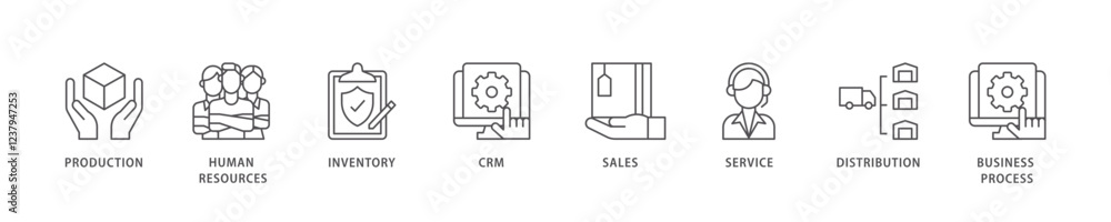 Enterprise resource planning icon set flow process which consists of production, human resources, inventory, crm, sales, service icon live stroke and easy to edit . Enterprise resource planning icon set flow process which consists of production, human resources, inventory, crm, sales, service icon live stroke and easy to edit .