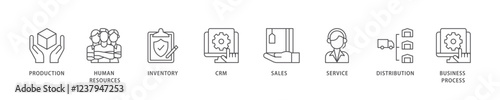 Enterprise resource planning icon set flow process which consists of production, human resources, inventory, crm, sales, service icon live stroke and easy to edit .