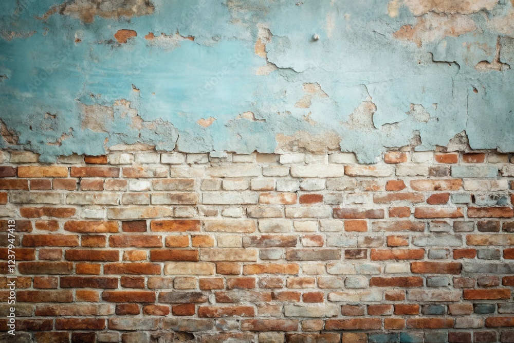 Naklejka premium A Weathered Brick Wall with Peeling Light Blue Plaster A Textural Background Image