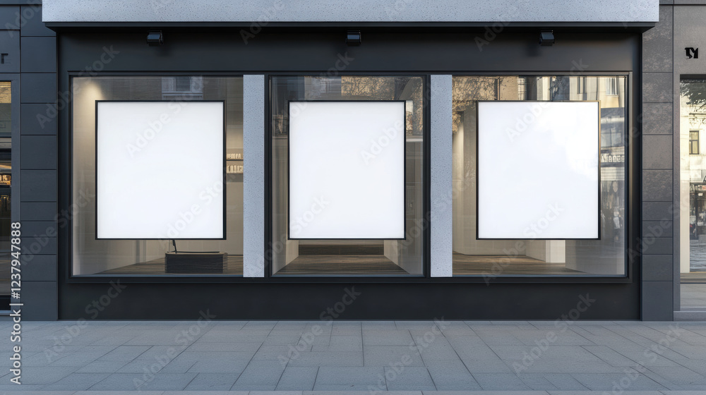 Empty storefront with customizable display windows, ideal for retail promotions and advertising. modern design features three blank frames, inviting creativity and engagement Empty storefront with customizable display windows, ideal for retail promotions and advertising. modern design features three blank frames, inviting creativity and engagement