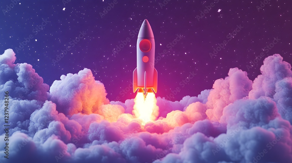 Naklejka premium A launching rocket symbolizes the launch of a business on a purple background