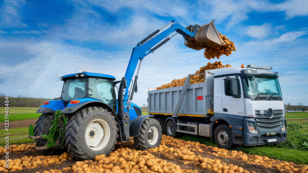 Potato harvest season with heavy duty industrial farm equipment working in rural farmland Potato harvest season with heavy duty industrial farm equipment working in rural farmland