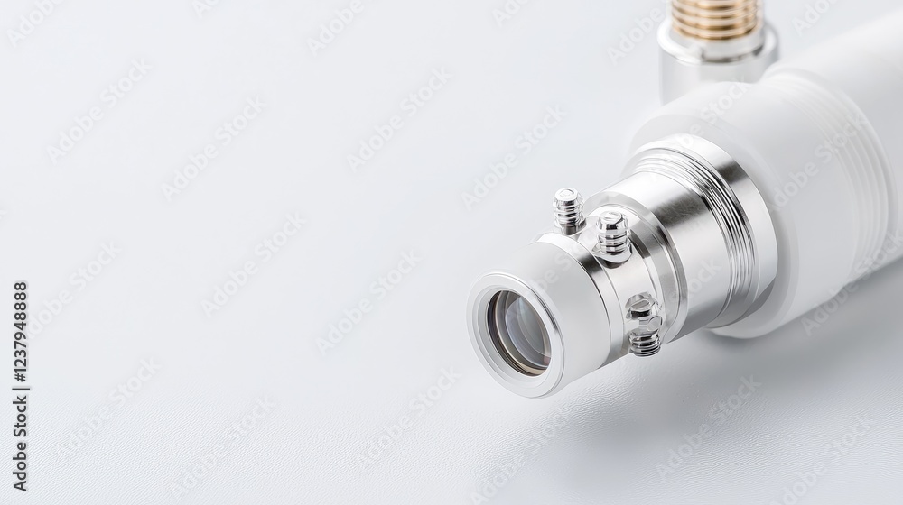 Close-up of precision lens assembly on white background Close-up of precision lens assembly on white background
