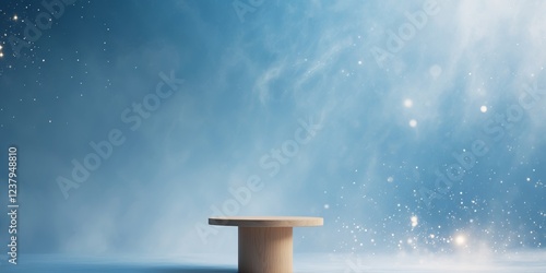 abstract blue background with particles and flashes of light and a wooden pedestal for placing any objects. photo