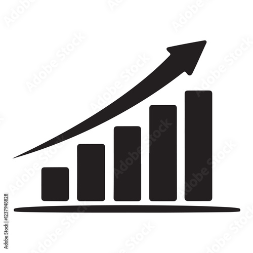 A modern, clean silhouette of a bar chart with an upward arrow. The chart has five bars, with the last bar being the tallest. The chart is placed on a white background. 