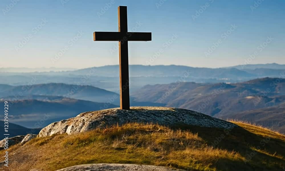 Wooden cross standing on a hilltop with mountain views in the background Wooden cross standing on a hilltop with mountain views in the background