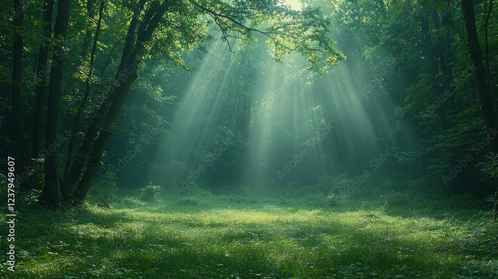 Fototapeta premium Sunbeams in misty forest clearing, peaceful nature scene, idyllic background