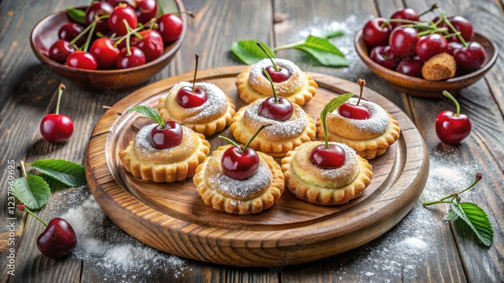 Delicious mini cherry tarts dusted with powdered sugar, arranged on a rustic wooden platter, surrounded by fresh cherries and leaves. Delicious mini cherry tarts dusted with powdered sugar, arranged on a rustic wooden platter, surrounded by fresh cherries and leaves.