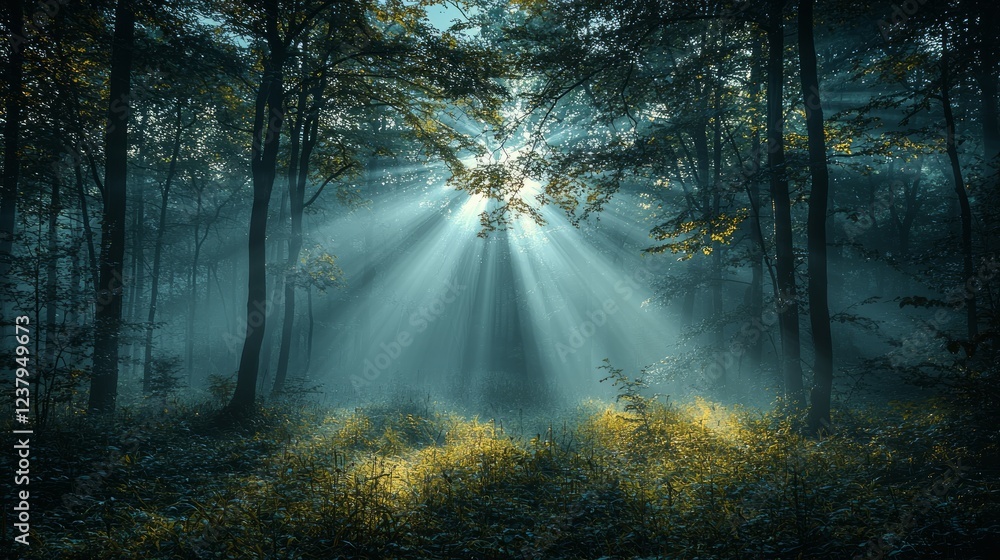 Fototapeta premium Sunbeams in misty forest, tranquil morning scene, nature's peace, ideal for relaxation or travel publications